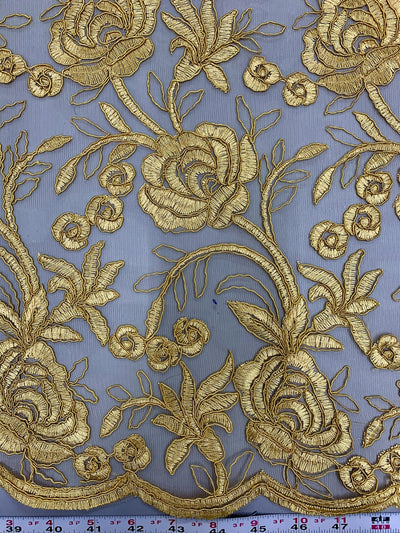 Dakota GOLD Polyester Corded Floral Embroidery on Mesh Lace Fabric by the Yard - 10043