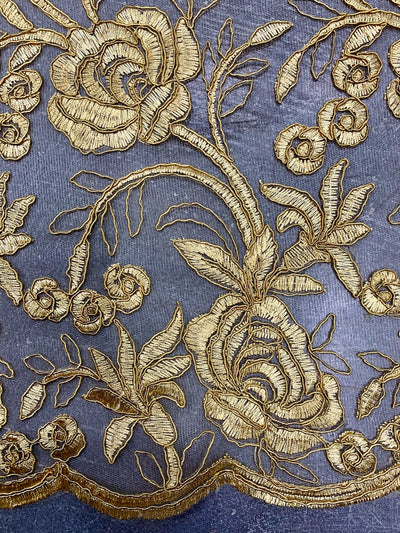 Dakota GOLD Polyester Corded Floral Embroidery on Mesh Lace Fabric by the Yard - 10043