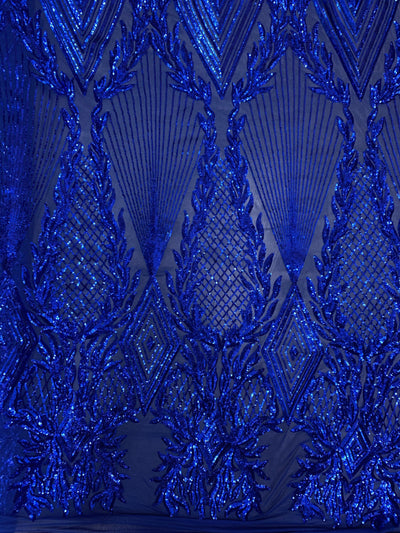 Francesca ROYAL BLUE Vines and Diamonds Pattern Sequins on Mesh Lace Fabric by the Yard - 10130
