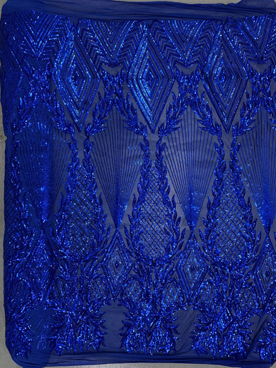 Francesca ROYAL BLUE Vines and Diamonds Pattern Sequins on Mesh Lace Fabric by the Yard - 10130