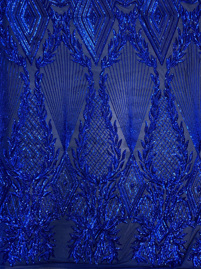 Francesca ROYAL BLUE Vines and Diamonds Pattern Sequins on Mesh Lace Fabric by the Yard - 10130