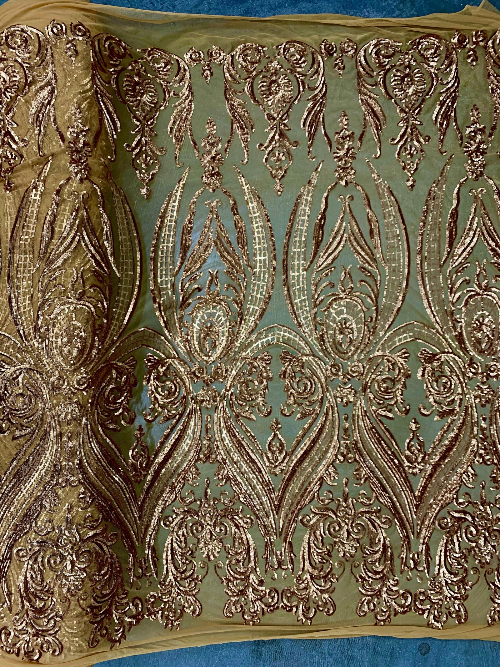 Alaina GOLD Curlicue Sequins on Mesh Lace Fabric by the Yard - 10018