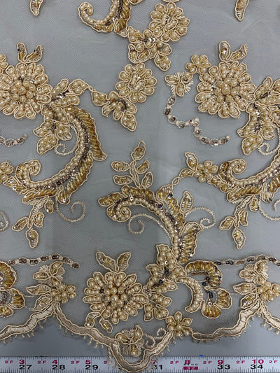 Jayla CHAMPAGNE Floral Embroidery with Beads and Sequins on Mesh Lace Fabric by the Yard - 10044