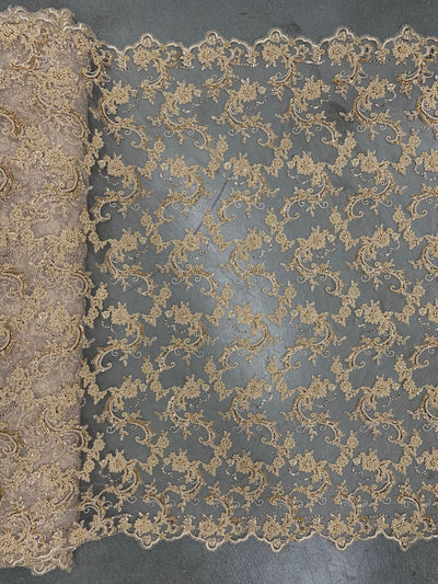Jayla CHAMPAGNE Floral Embroidery with Beads and Sequins on Mesh Lace Fabric by the Yard - 10044