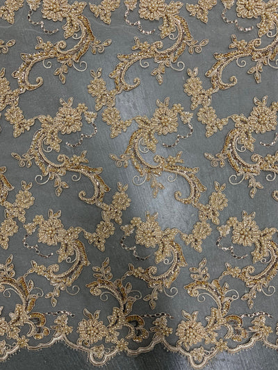 Jayla CHAMPAGNE Floral Embroidery with Beads and Sequins on Mesh Lace Fabric by the Yard - 10044