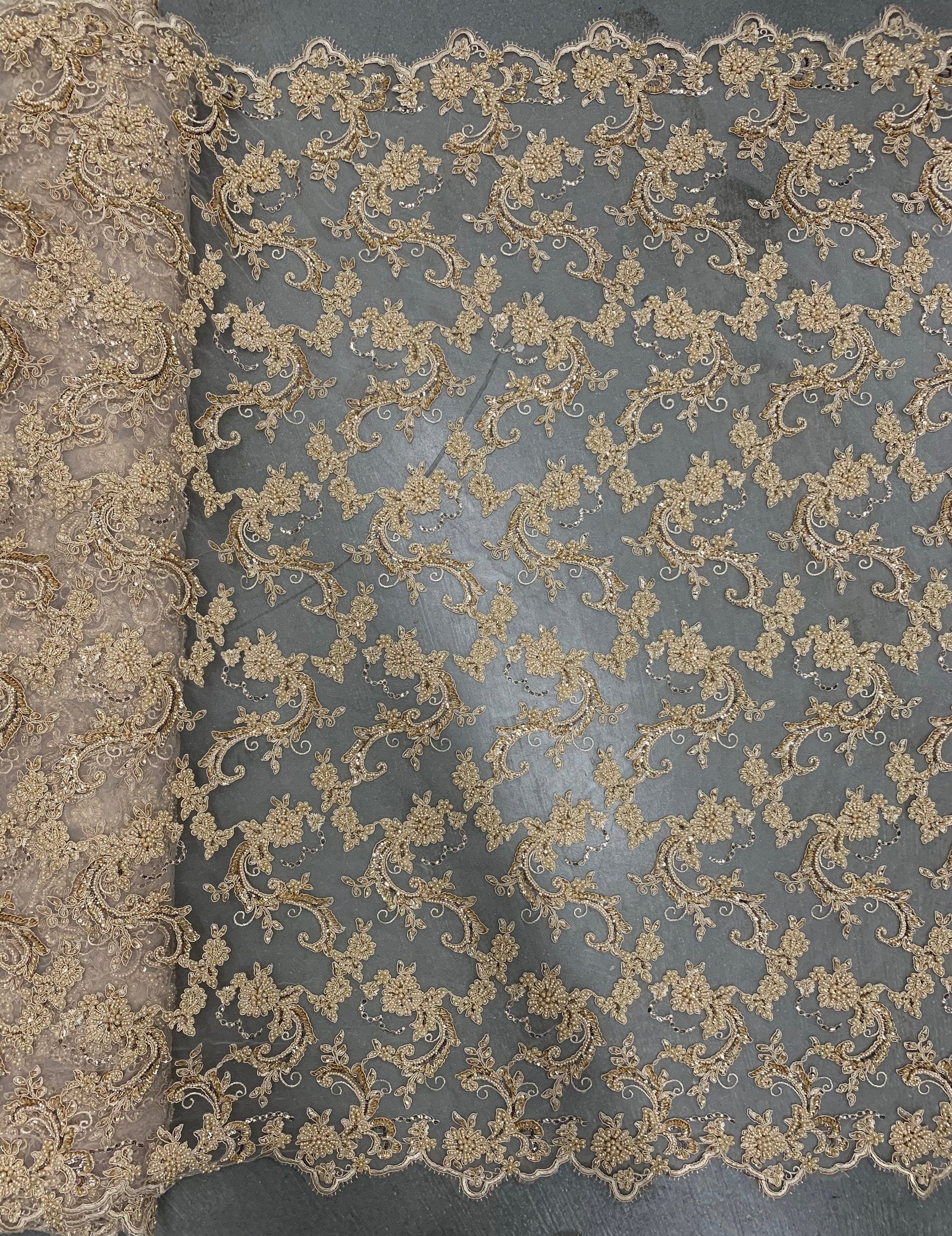 Jayla CHAMPAGNE Floral Embroidery with Beads and Sequins on Mesh Lace Fabric by the Yard - 10044