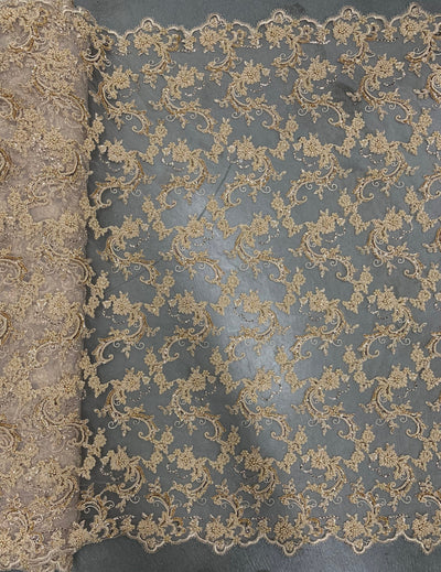 Jayla CHAMPAGNE Floral Embroidery with Beads and Sequins on Mesh Lace Fabric by the Yard - 10044