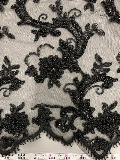 Jayla BLACK Floral Embroidery with Beads and Sequins on Mesh Lace Fabric by the Yard - 10044