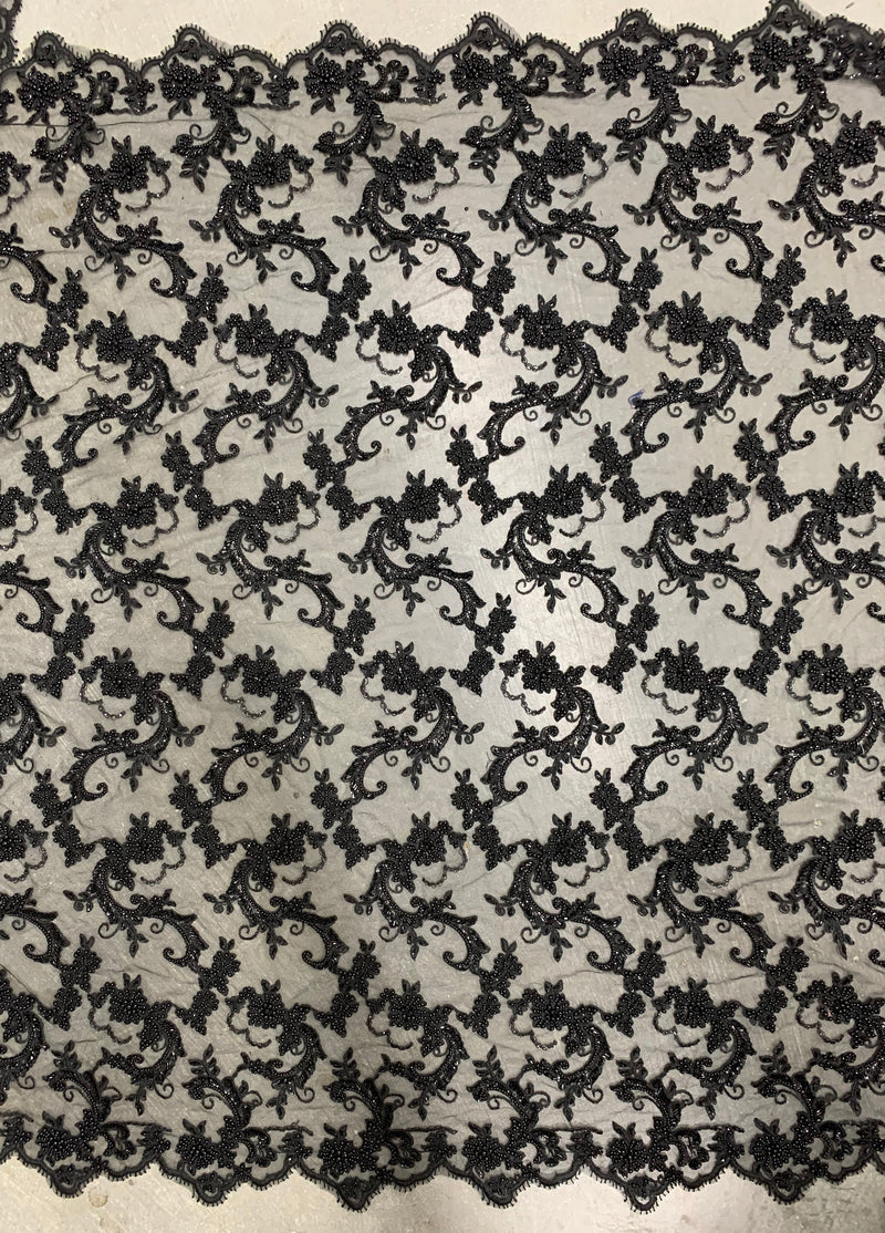 Jayla BLACK Floral Embroidery with Beads and Sequins on Mesh Lace Fabric by the Yard - 10044
