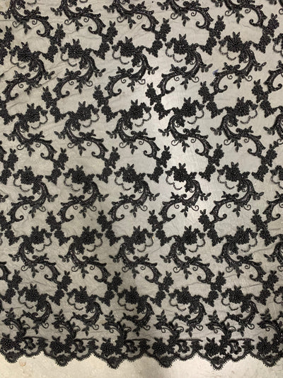 Jayla BLACK Floral Embroidery with Beads and Sequins on Mesh Lace Fabric by the Yard - 10044
