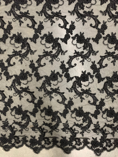 Jayla BLACK Floral Embroidery with Beads and Sequins on Mesh Lace Fabric by the Yard - 10044
