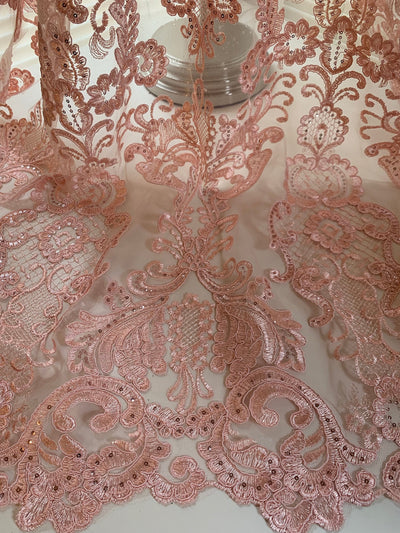 Vivian BLUSH PINK Polyester Embroidery with Sequins on Mesh Lace Fabric by the Yard for Gown, Wedding, Bridesmaid, Prom - 10003