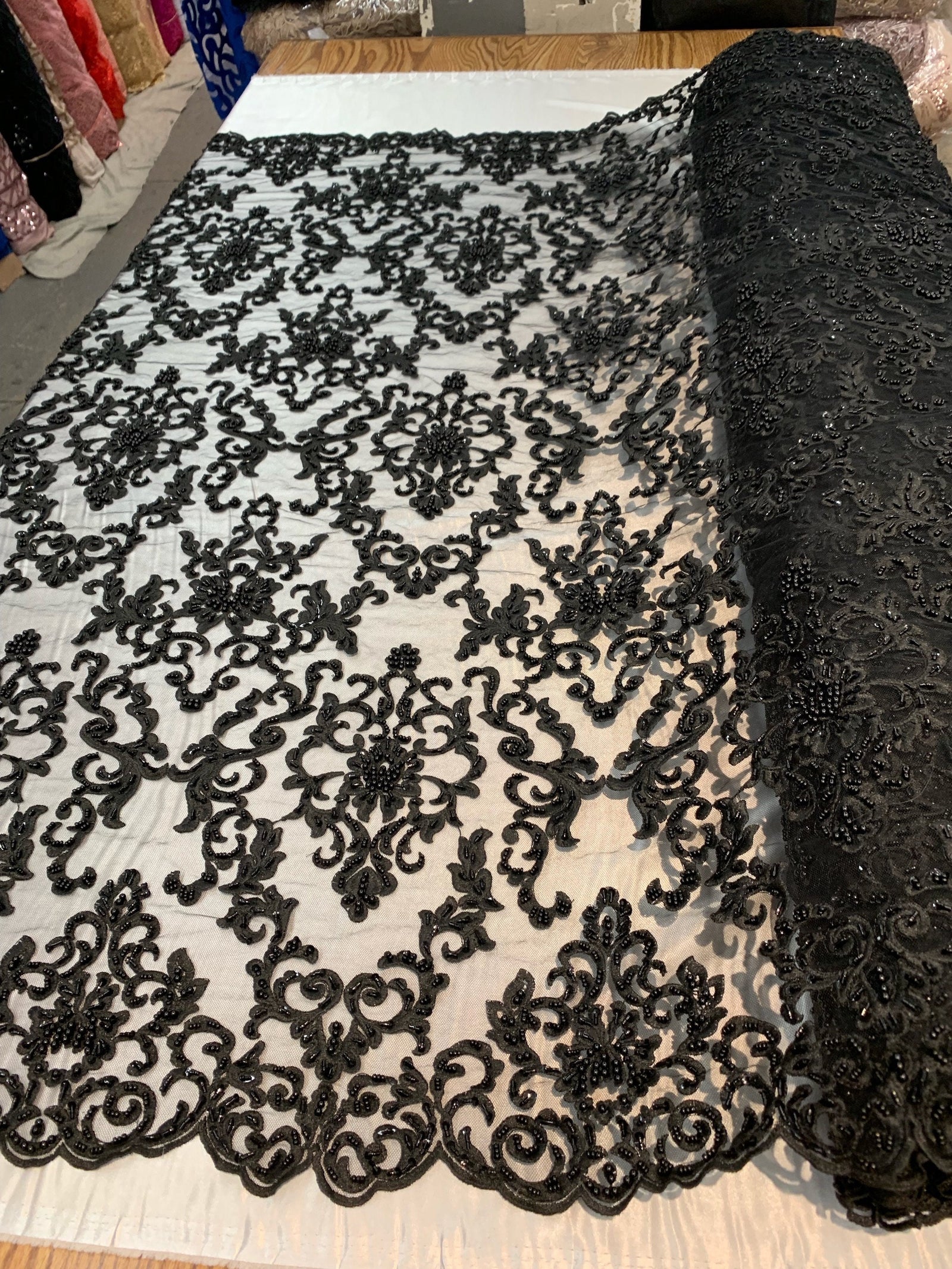 Helena-B BLACK Embroidered Damask Pattern with Faux Pearls and Beads on Mesh Lace Fabric by the Yard - 10225