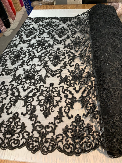 Helena-B BLACK Embroidered Damask Pattern with Faux Pearls and Beads on Mesh Lace Fabric by the Yard - 10225