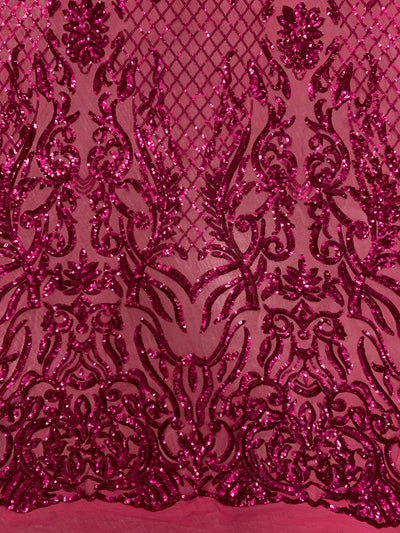 Phoebe DARK PINK Sequins on Dark Pink Mesh Lace Fabric by the Yard - 10062