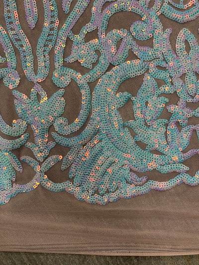 Phoebe IRIDESCENT WHITE Sequins on NUDE Mesh Lace Fabric by the Yard - 10062