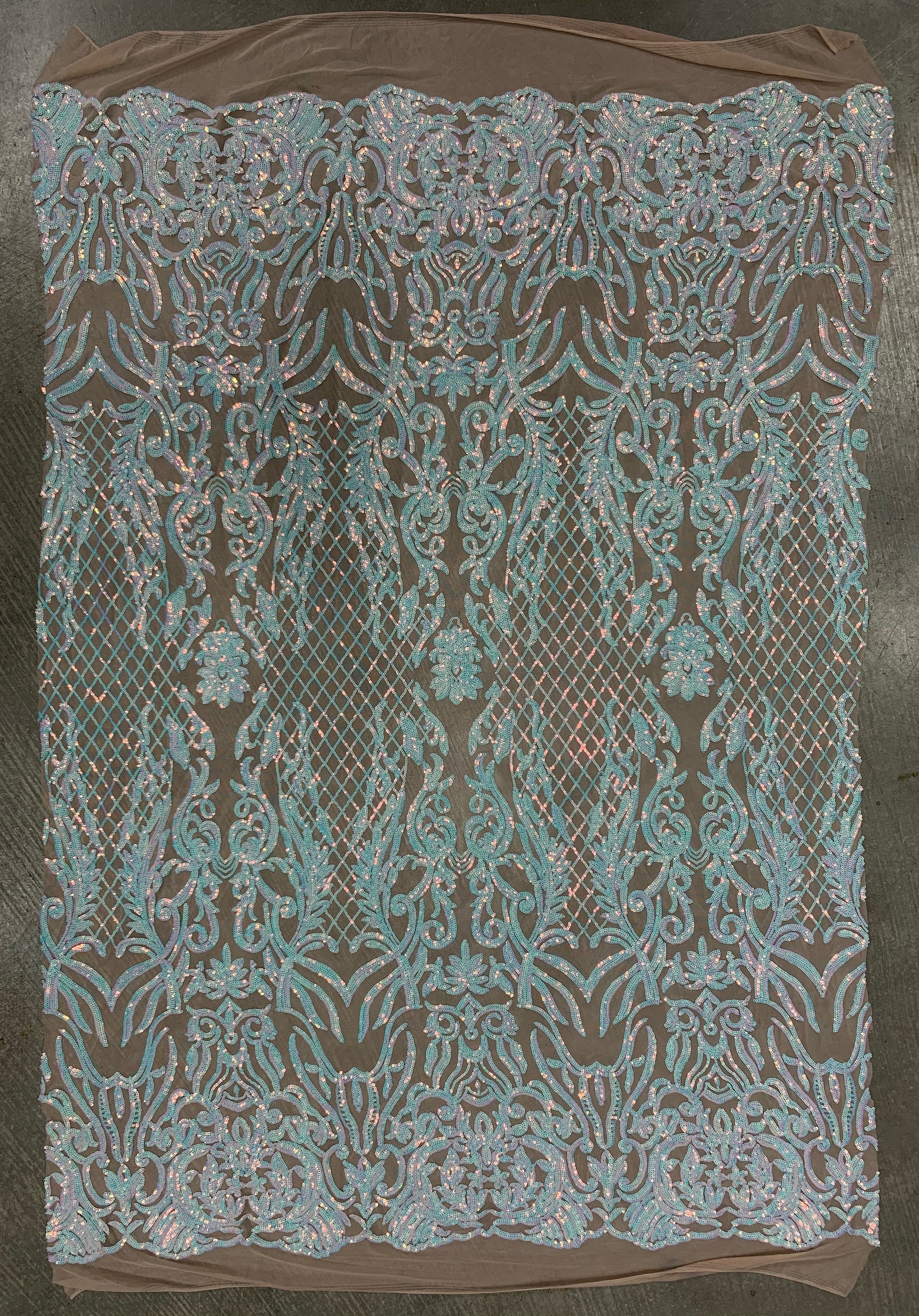 Phoebe IRIDESCENT WHITE Sequins on NUDE Mesh Lace Fabric by the Yard - 10062