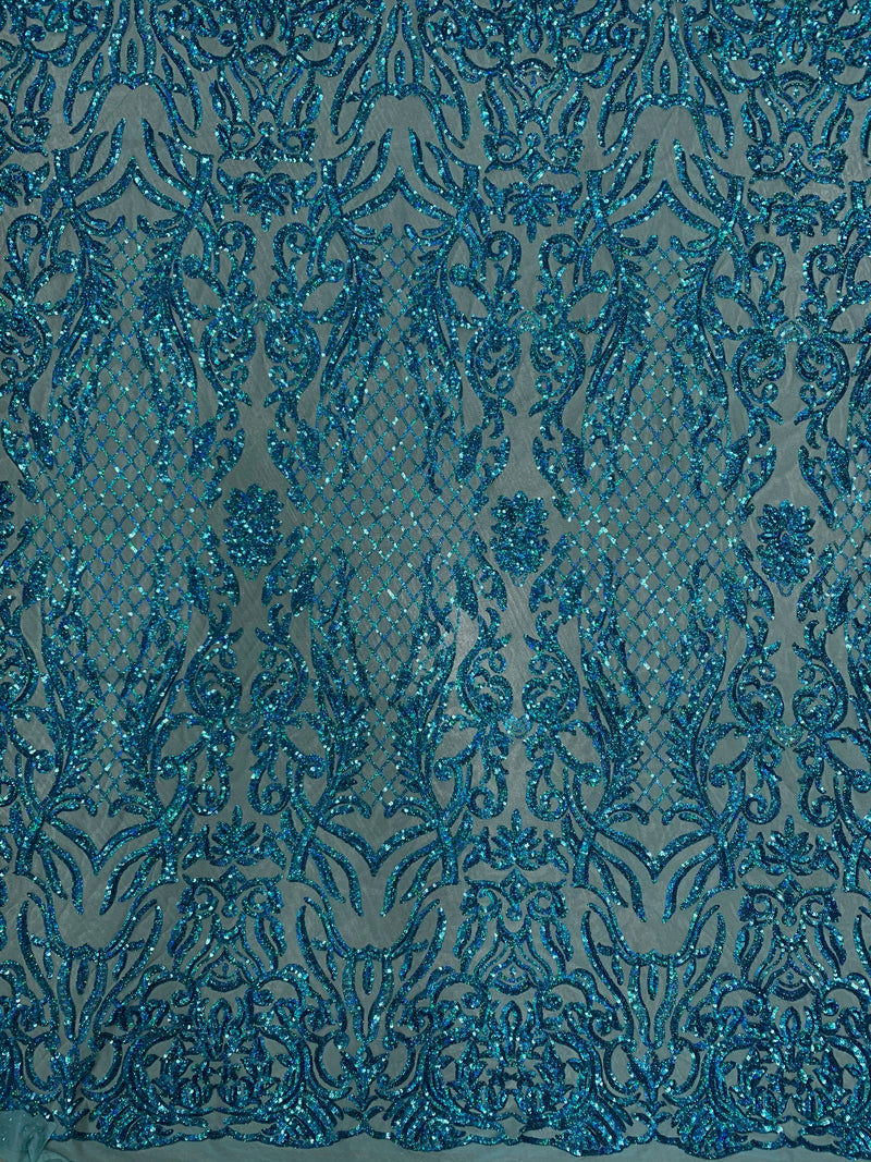 Phoebe IRIDESCENT TURQUOISE Sequins on Mesh Lace Fabric by the Yard - 10062