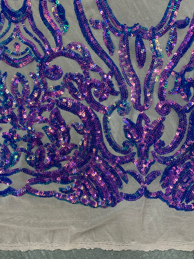 Phoebe IRIDESCENT PURPLE Sequins on NUDE Mesh Lace Fabric by the Yard - 10062