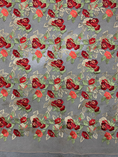 Priscilla RED GOLD Floral and Leaves Embroidery on Mesh Lace Fabric by the Yard - 10157