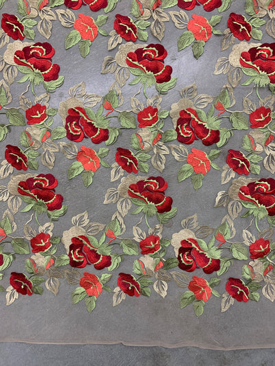Priscilla RED GOLD Floral and Leaves Embroidery on Mesh Lace Fabric by the Yard - 10157