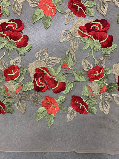 Priscilla RED GOLD Floral and Leaves Embroidery on Mesh Lace Fabric by the Yard - 10157