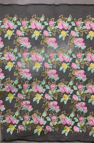 Priscilla PINK YELLOW Floral and Leaves Embroidery on BLACK Mesh Lace Fabric by the Yard - 10157