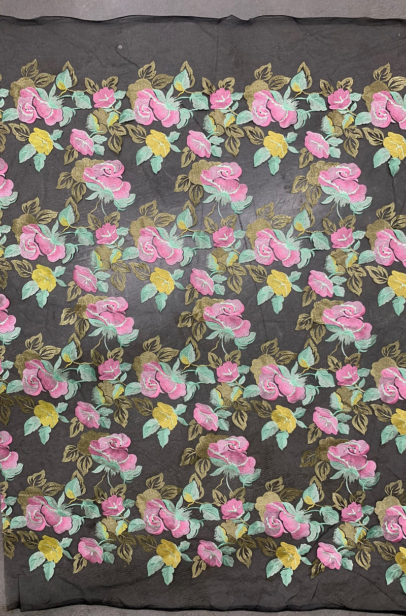 Priscilla PINK YELLOW Floral and Leaves Embroidery on BLACK Mesh Lace Fabric by the Yard - 10157