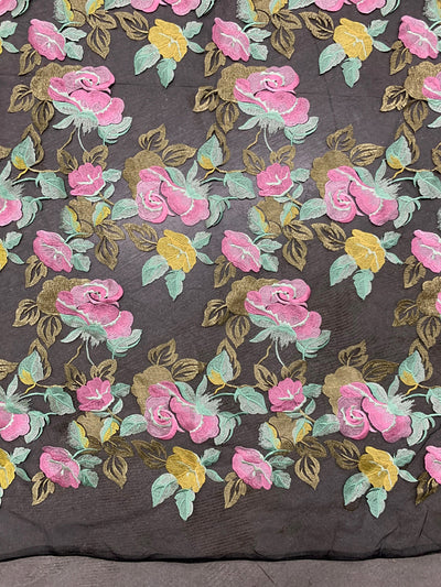 Priscilla PINK YELLOW Floral and Leaves Embroidery on BLACK Mesh Lace Fabric by the Yard - 10157