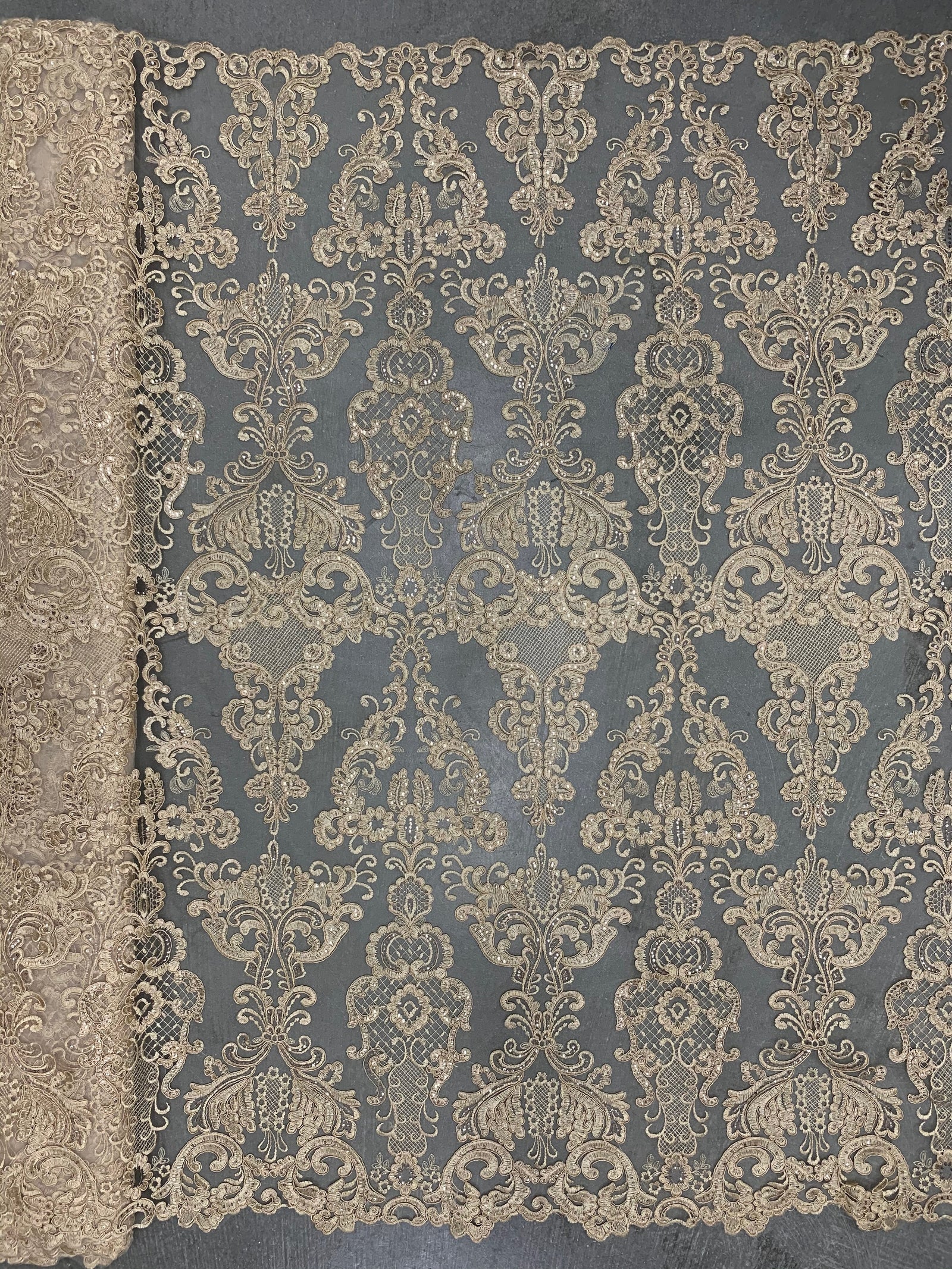Vivian CHAMPAGNE Polyester Embroidery with Sequins on Mesh Lace Fabric by the Yard for Gown, Wedding, Bridesmaid, Prom - 10003