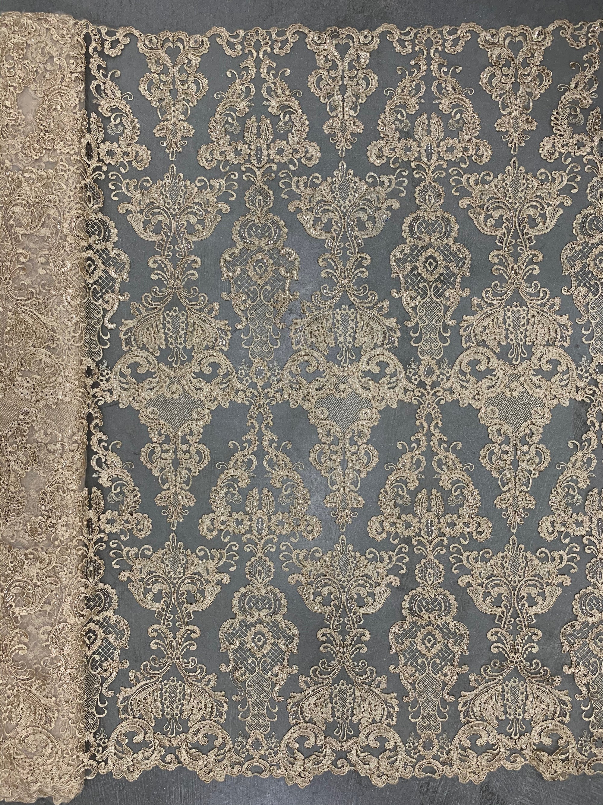 Vivian CHAMPAGNE Polyester Embroidery with Sequins on Mesh Lace Fabric by the Yard for Gown, Wedding, Bridesmaid, Prom - 10003