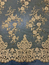 Teagan GOLD Damask Design Embroidered on Mesh Lace Fabric by the Yard - 10027