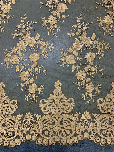 Teagan GOLD Damask Design Embroidered on Mesh Lace Fabric by the Yard - 10027