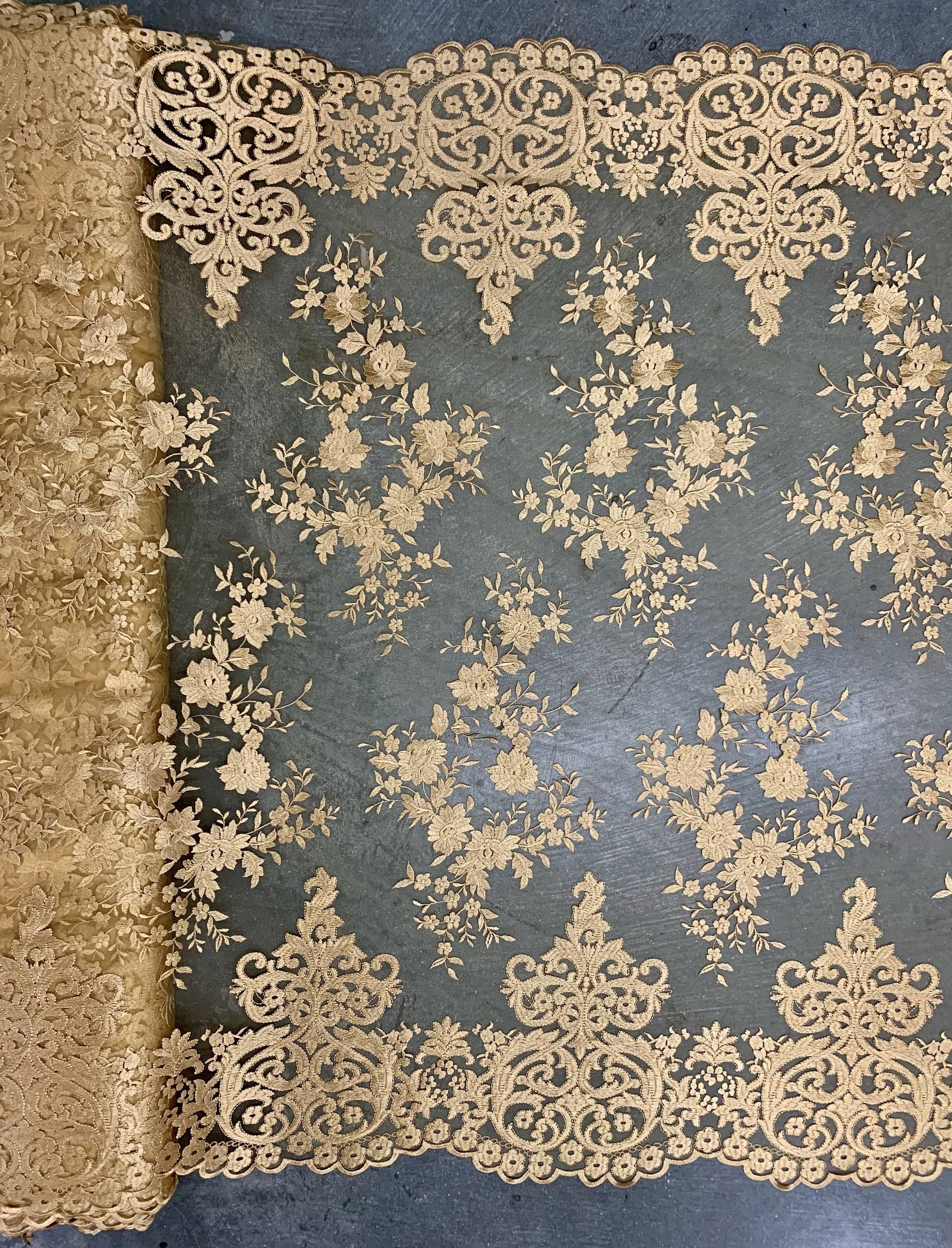 Teagan GOLD Damask Design Embroidered on Mesh Lace Fabric by the Yard - 10027