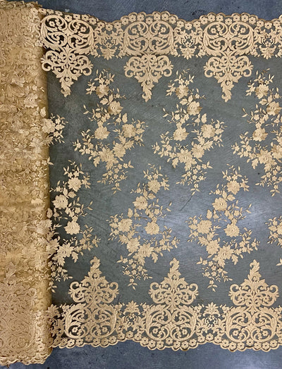 Teagan GOLD Damask Design Embroidered on Mesh Lace Fabric by the Yard - 10027
