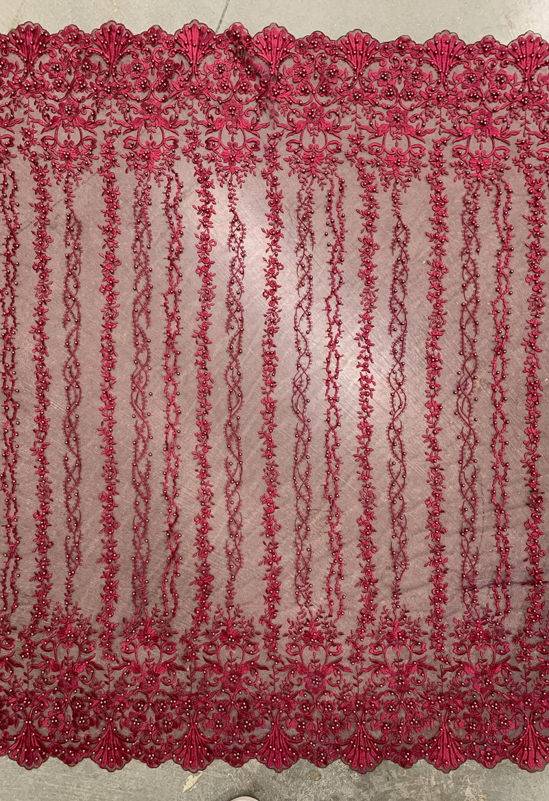 Daphne BURGUNDY Faux Pearls Beaded Flowers and Vines Lace Embroidery on Mesh Fabric by the Yard - 10103