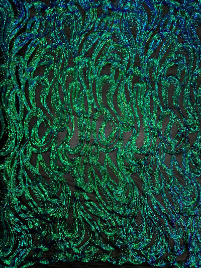 Lorelei IRIDESCENT GREEN BLUE Mermaid Swirls Sequins on Mesh Lace Fabric by the Yard - 10133