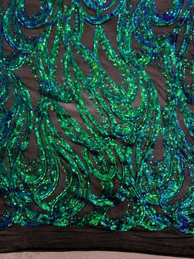Lorelei IRIDESCENT GREEN BLUE Mermaid Swirls Sequins on Mesh Lace Fabric by the Yard - 10133