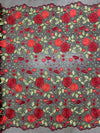 Iris RED Floral and Leaves Embroidery on BLACK Mesh Lace Fabric by the Yard - 10006