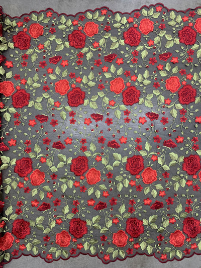 Iris RED Floral and Leaves Embroidery on BLACK Mesh Lace Fabric by the Yard - 10006