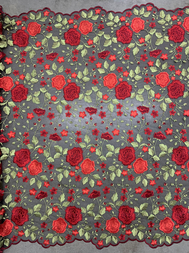 Iris RED Floral and Leaves Embroidery on BLACK Mesh Lace Fabric by the Yard - 10006
