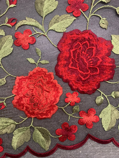 Iris RED Floral and Leaves Embroidery on BLACK Mesh Lace Fabric by the Yard - 10006