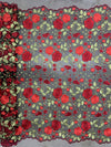 Iris RED Floral and Leaves Embroidery on BLACK Mesh Lace Fabric by the Yard - 10006
