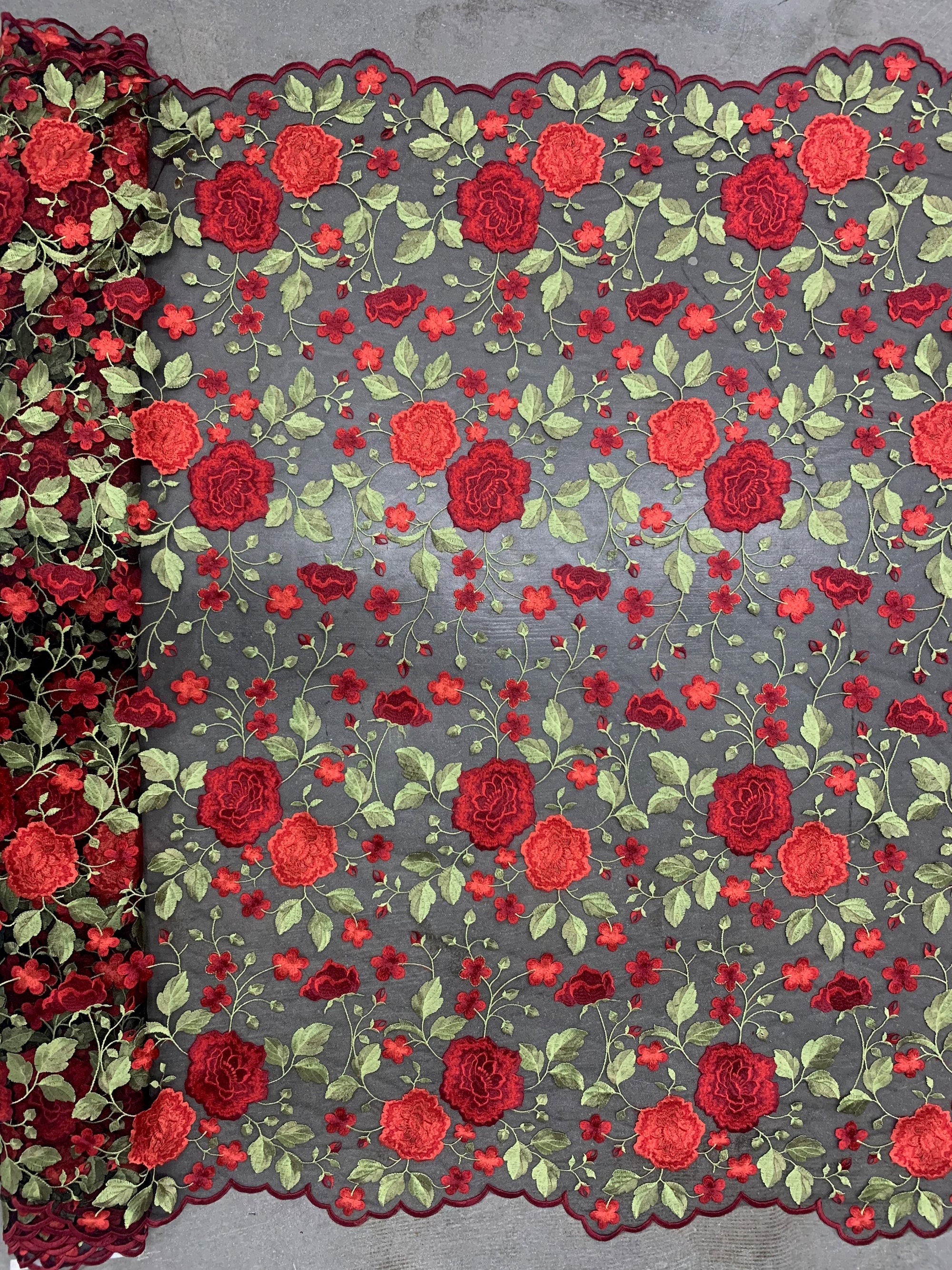 Iris RED Floral and Leaves Embroidery on BLACK Mesh Lace Fabric by the Yard - 10006