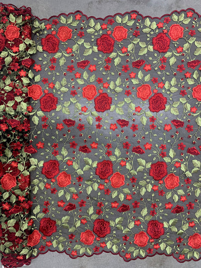Iris RED Floral and Leaves Embroidery on BLACK Mesh Lace Fabric by the Yard - 10006