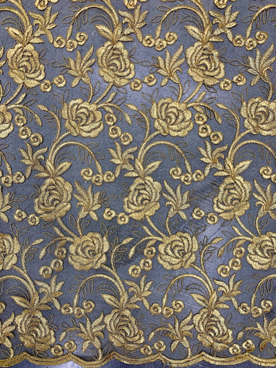 Dakota GOLD Polyester Corded Floral Embroidery on Mesh Lace Fabric by the Yard - 10043