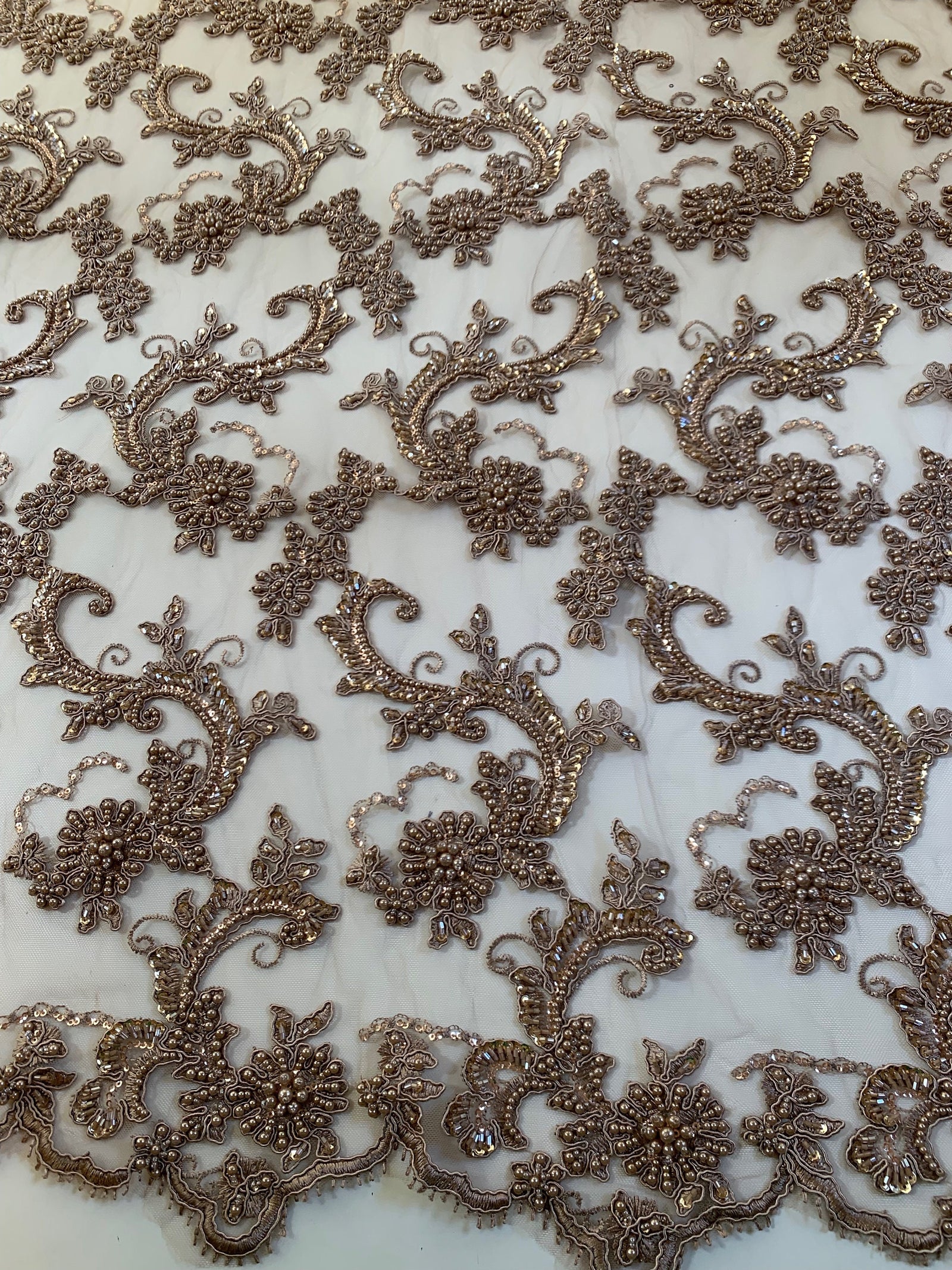 Jayla TAUPE Floral Embroidery with Beads and Sequins on Mesh Lace Fabric by the Yard - 10044