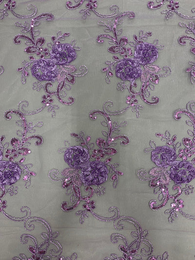 Ryleigh LAVENDER 3D Floral Embroidery with Foil & Sequins on Mesh Lace Fabric by the Yard - 10010