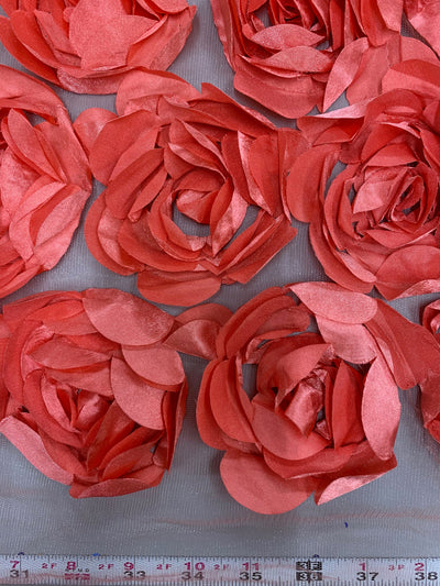 Maci CORAL 3D Floral Polyester Satin Rosette on Mesh Fabric by the Yard - 10057