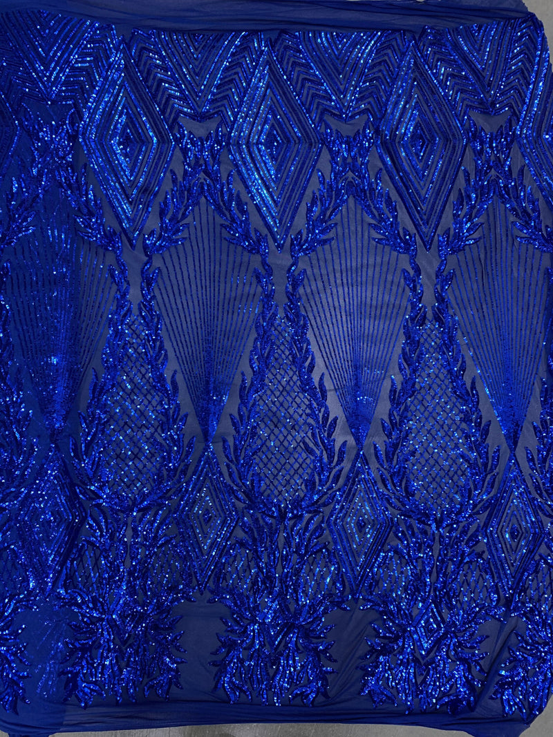Francesca ROYAL BLUE Vines and Diamonds Pattern Sequins on Mesh Lace Fabric by the Yard - 10130